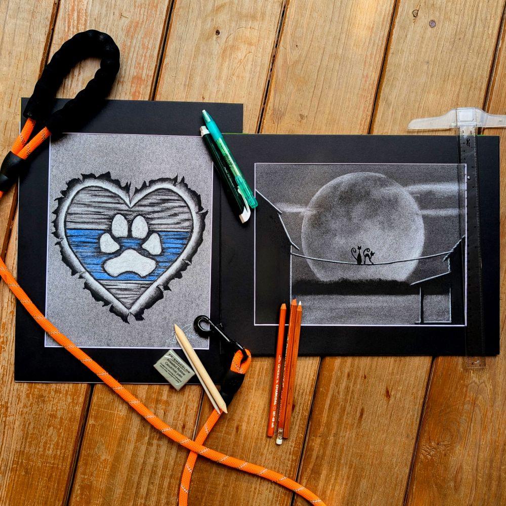 September 2026 Art Charcoal Box with Puppy Love and Moonlit Date drawings and drawing supplies
