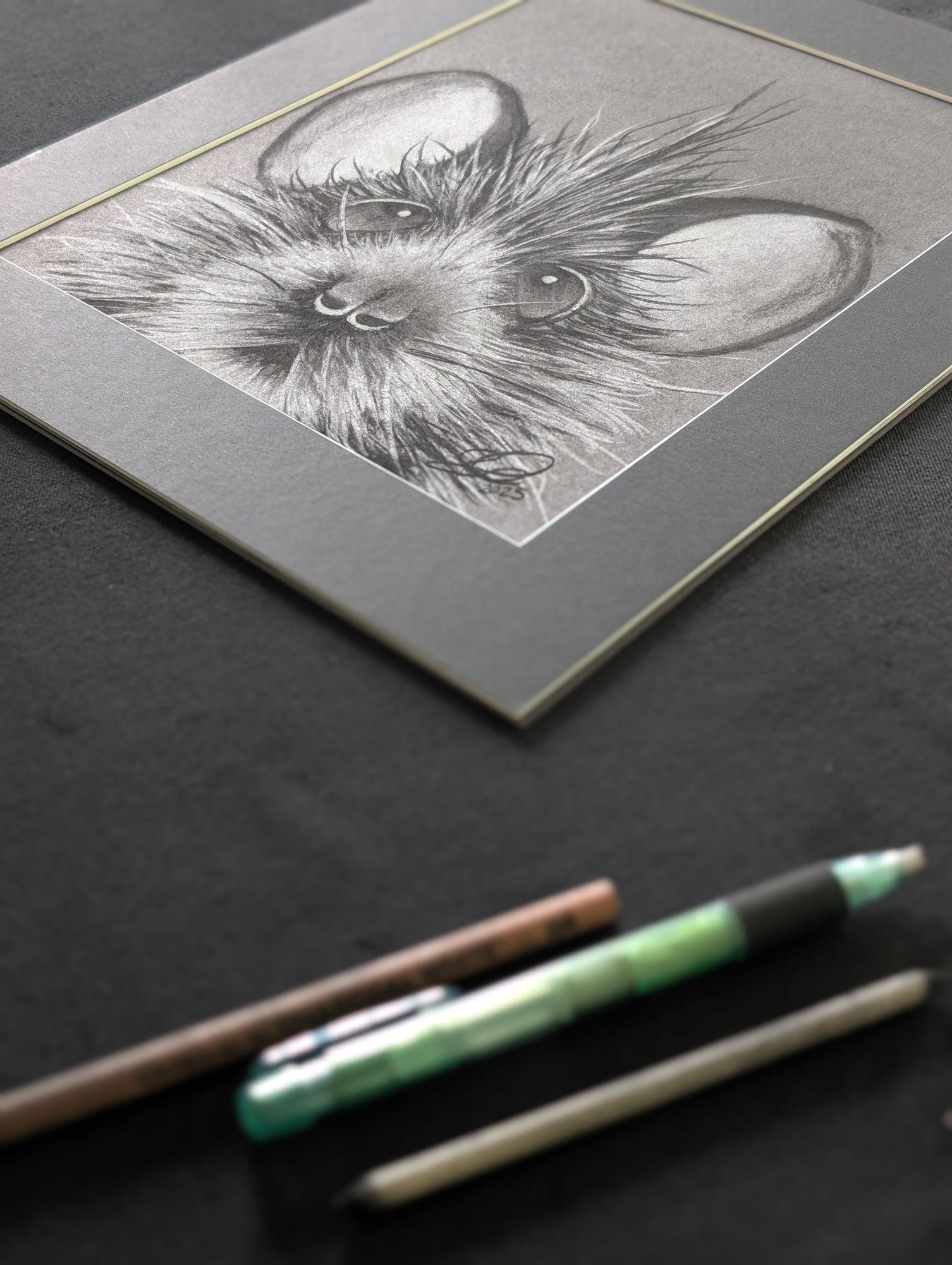 Finished charcoal portrait surrounded by drawing tools